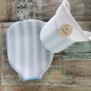 Blue and White Striped Visor and Pickleball Racquet Cover Set